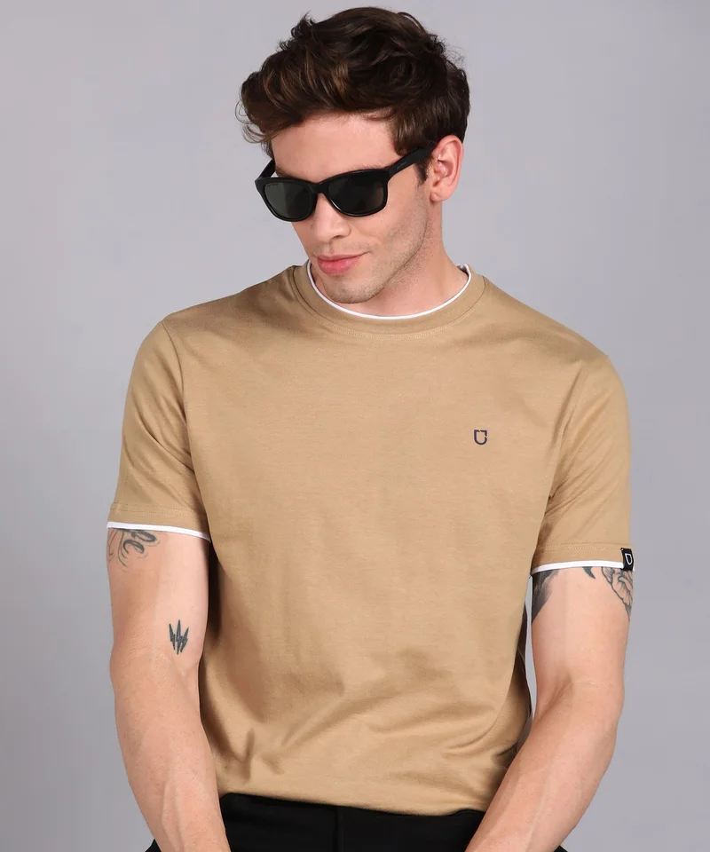 Urbano Fashion  Urbano Fashion Men's Solid Khaki Round Neck Half Sleeve Slim Fit Cotton T-Shirt  | Best Price UAE